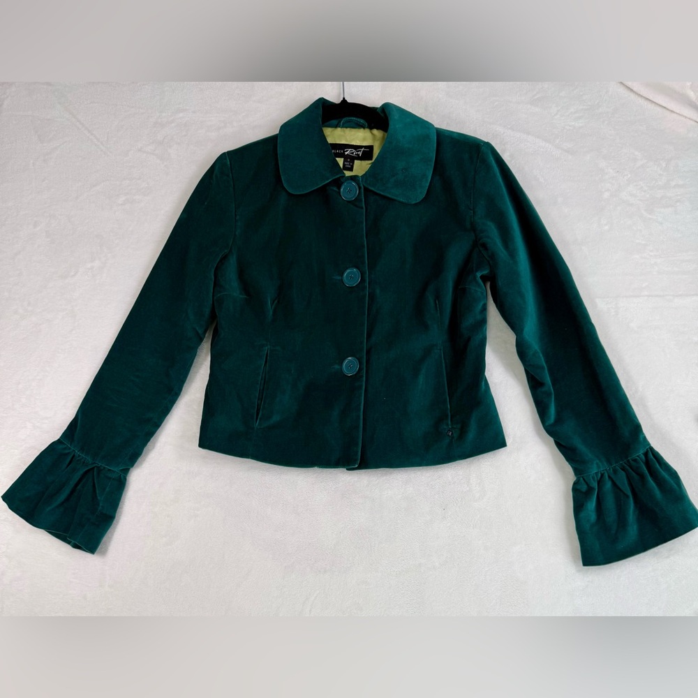 Vintage Emerald Green Faux Velvet Ruffle Sleeve Blazer Size Small work Easter